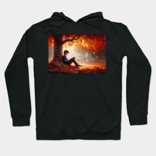 Boy Reading a Book Under a Tree in the Fall - Landscape Hoodie